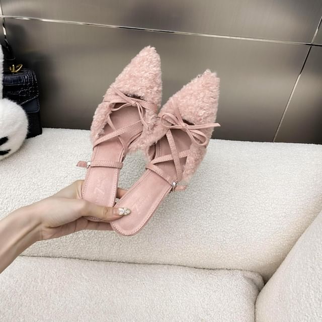 Stiletto Pointed Toe Plain Bow Accent Fleece Slingback Sandals