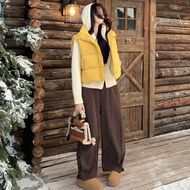 Plain Zip Puffer Vest / Hooded Cardigan / Mid Waist Striped Loose Fit Pants