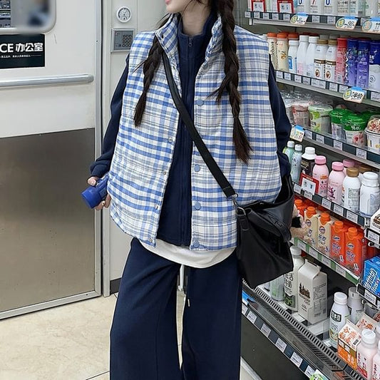 Plain Oversized Zip Jacket / Plaid Vest / Mid Waist Wide Leg Pants