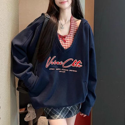 V-Neck Letter Embroidered Oversized Sweatshirt / Plaid Lace Trim Bow Cropped Halter Top