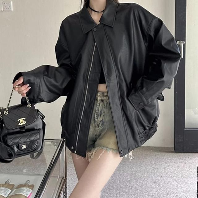 Lapel Collar Plain Faux Leather Oversized Jacket