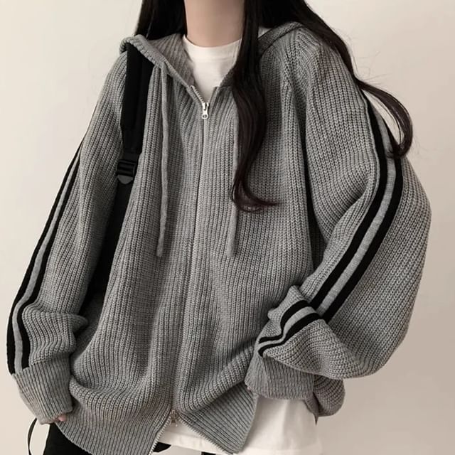 Striped Hooded Oversized Zip Cardigan