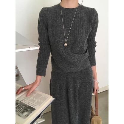 Set: Crew Neck Plain Ribbed Asymmetrical Sweater + High Waist Maxi A-Line Skirt