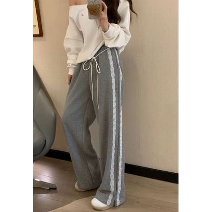 High Waist Lace-Trim Loose-Fit Wide-Leg Sweatpants