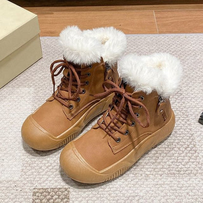 Fluffy Trim Plain Lace-Up Short Boots