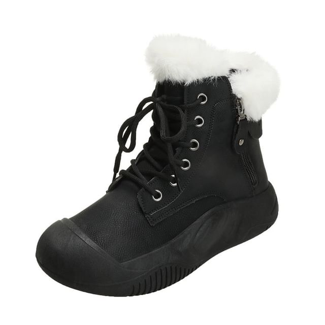 Fluffy Trim Plain Lace-Up Short Boots