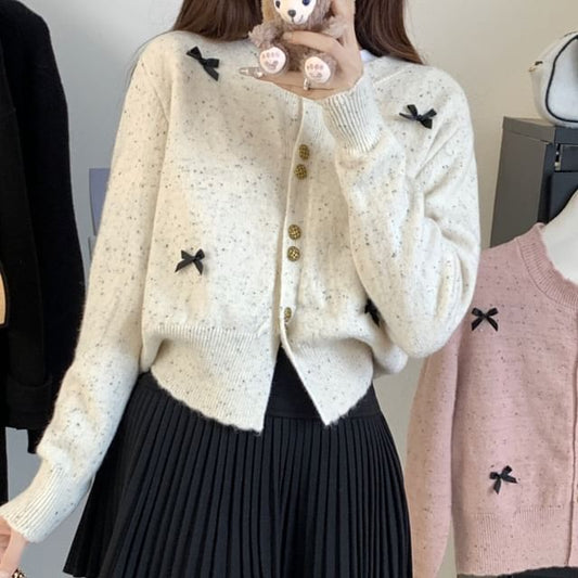 Crew Neck Bow Melange Cardigan