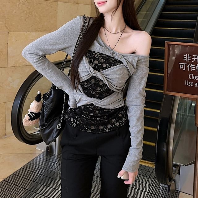 Long Sleeve One Shoulder Twist Panel Lace Top