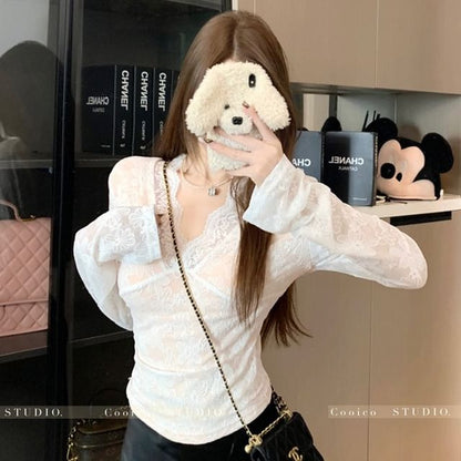 Long Sleeve V-Neck Plain Panel Lace Top