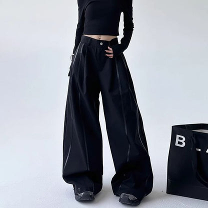 Low Rise Faux Leather Paneled Loose-Fit Wide-Leg Pants