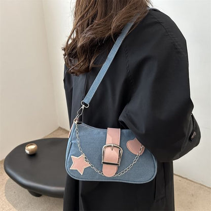 Applique Chained Buckled Denim Crossbody Bag