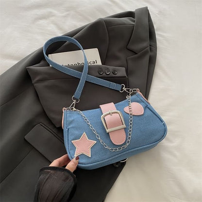 Applique Chained Buckled Denim Crossbody Bag