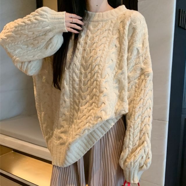 Round Neck Plain Cable Knit Sweater / High Rise Mini A-Line Skirt