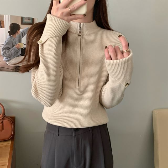 Half-Zip Plain Ribbed Sweater