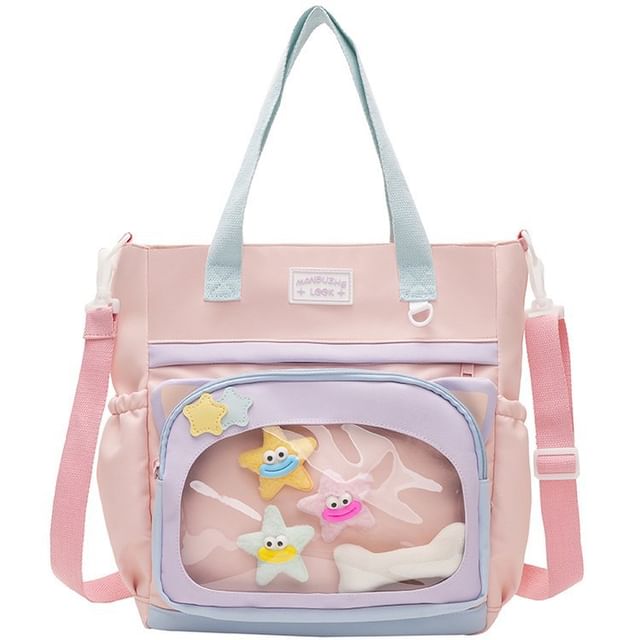 Transparent Panel Nylon Crossbody Tote Bag