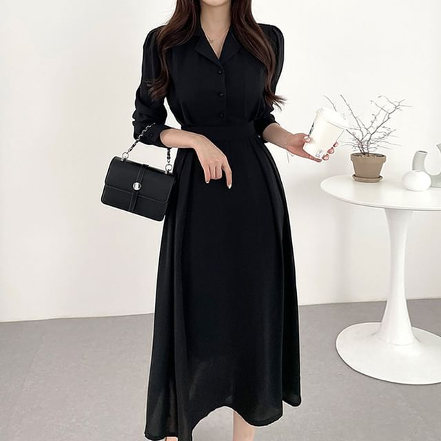 Long-Sleeve Plain Midi A-Line Shirt Dress