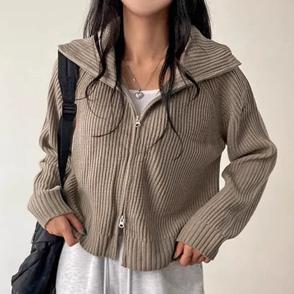 Collared Ribbed Zip-Up Plain Cardigan