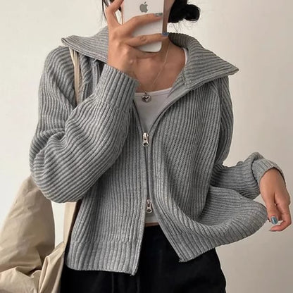 Collared Ribbed Zip-Up Plain Cardigan