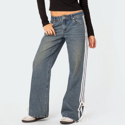 High Waist Washed Striped Bow Accent Straight-Fit Wide-Leg Jeans