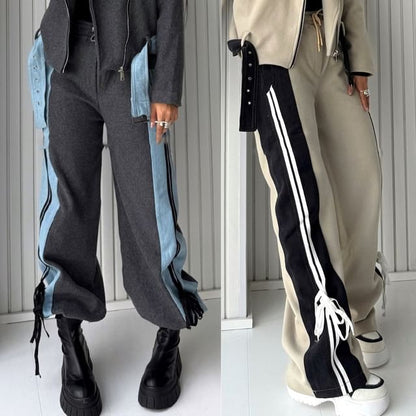 High Rise Color-Block Striped Bow Accent Denim Panel Loose-Fit Wide-Leg Sweatpants