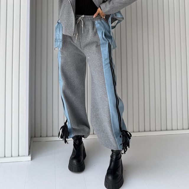 High Rise Color-Block Striped Bow Accent Denim Panel Loose-Fit Wide-Leg Sweatpants