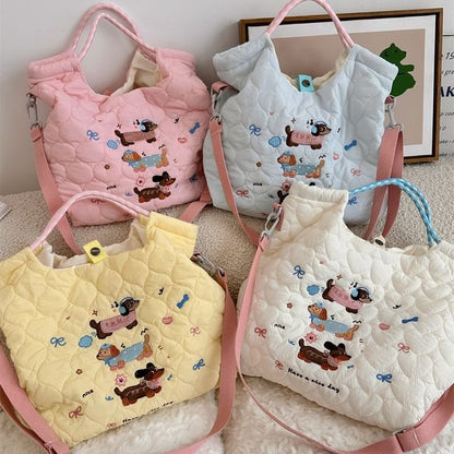 Cartoon Embroidered Heart Quilted Tote Bag