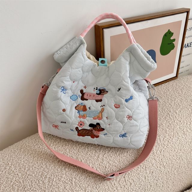 Cartoon Embroidered Heart Quilted Tote Bag