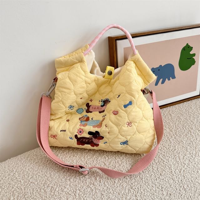 Cartoon Embroidered Heart Quilted Tote Bag