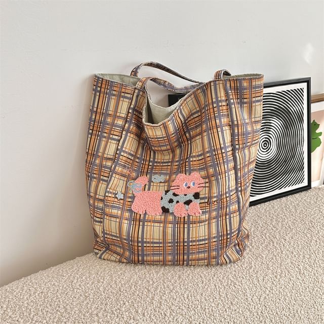 Plaid Cartoon Applique Corduroy Tote Bag