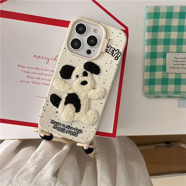 Dog Embroidered Phone Case / Strap / Set - iPhone 16 Pro Max / 16 Pro / 16 Plus / 16 / 15 Pro Max / 15 Pro / 15 Plus / 15 / 14 Pro Max / 14 Pro / 14 Plus / 14 / 13 Pro Max / 13 Pro / 13