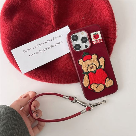 Strawberry Bear Embroidered Phone Case / Strap / Set - iPhone 16 Pro Max / 16 Pro / 16 Plus / 16 / 15 Pro Max / 15 Pro / 15 Plus / 15 / 14 Pro Max / 14 Pro / 14 Plus / 14 / 13 Pro Max / 13 Pro / 13