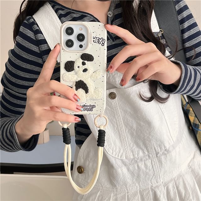 Dog Embroidered Phone Case / Strap / Set - iPhone 16 Pro Max / 16 Pro / 16 Plus / 16 / 15 Pro Max / 15 Pro / 15 Plus / 15 / 14 Pro Max / 14 Pro / 14 Plus / 14 / 13 Pro Max / 13 Pro / 13