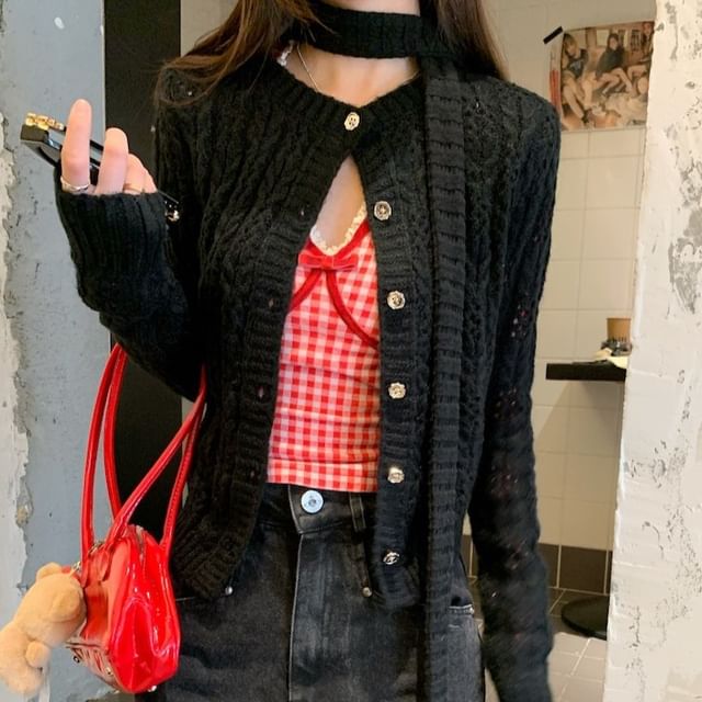 Long-Sleeve V-Neck Gingham Lace Trim Crop T-Shirt / Round Neck Plain Perforated Button-Up Cardigan / Skinny Scarf / Set