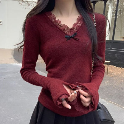 Long-Sleeve V-Neck Plain Bow Accent Lace Trim Slim Fit Knit Top