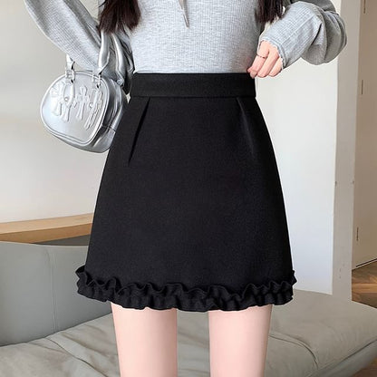 High Waist Plain Frill Trim Mini A-Line Skirt