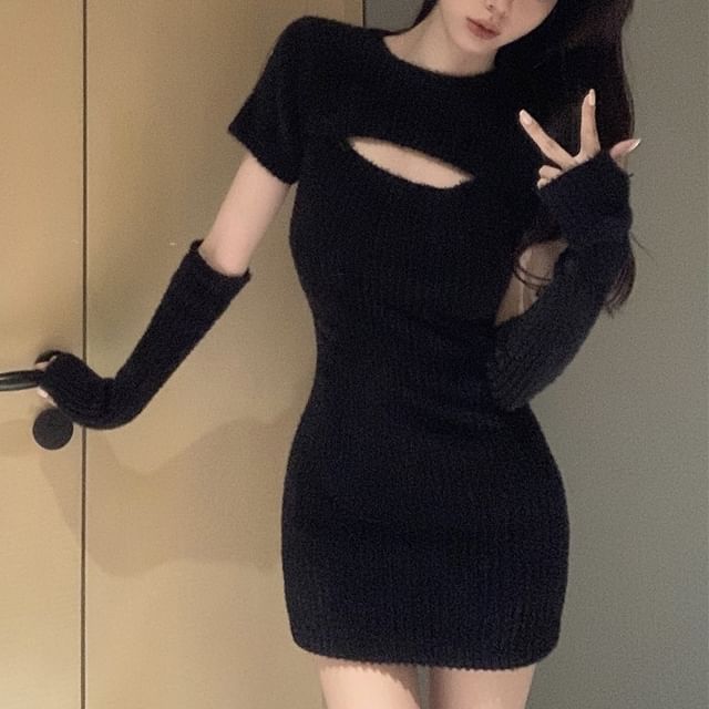 Set: Short-Sleeve Crew Neck Plain Cutout Mini Bodycon Knit Dress + Long Gloves