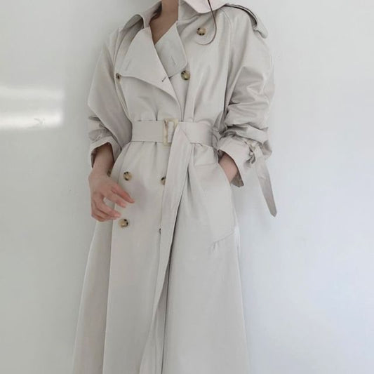 Collared Plain Back Slit Midi Double Breasted Trench Coat