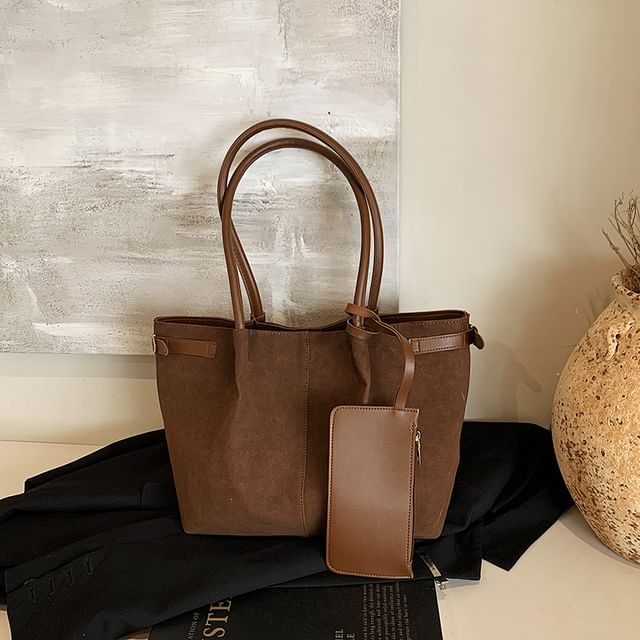 Buckled Faux Suede Tote Bag With Faux Leather Card Holder