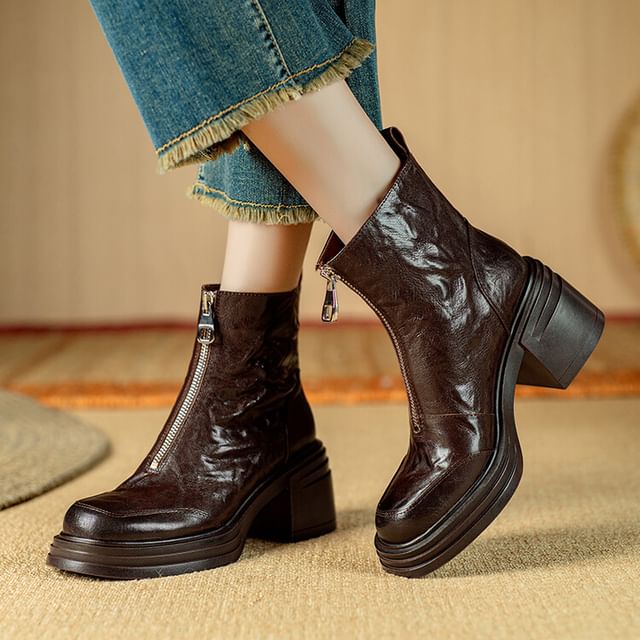 Chunky Heel Plain Zip-Up Genuine Leather Short Boots