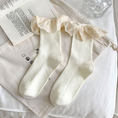 Plain Lace Trim Ribbed Socks