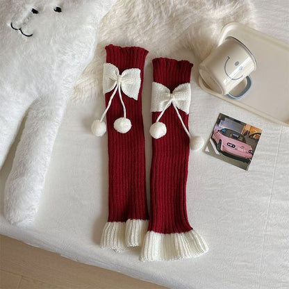 Two Tone Bow Pom Pom Ribbed Knit Leg Warmers