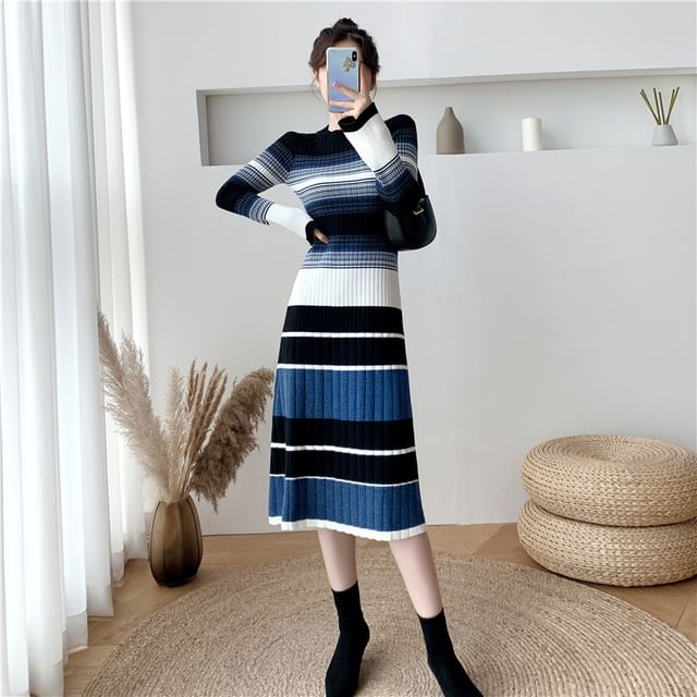 Long-Sleeve Crew Neck Striped Ribbed Knit Midi A-Line Dress