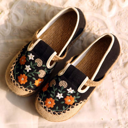 Vintage Floral Canvas Flats Shoes - Black / 35