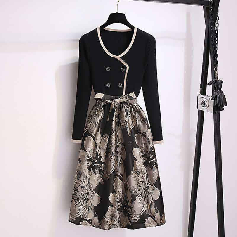 Vintage Black Blossom Print Solid Color Dress - S