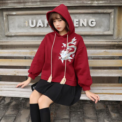 Vintage Dragon Embroidery Hoodie Skirt Set