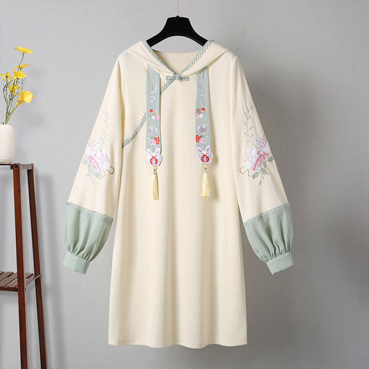 Vintage Floral Embroidery Fringed Hoodie Dress - Apricot