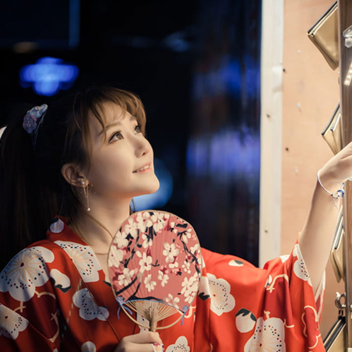 Aesthetic Cherry Blossoms Print Kimono Dress - Red