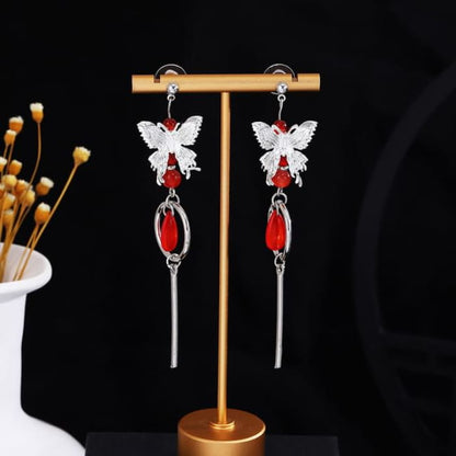 Alloy Chandelier Earring - E6231-1 - 1 Pair - Silver & Red