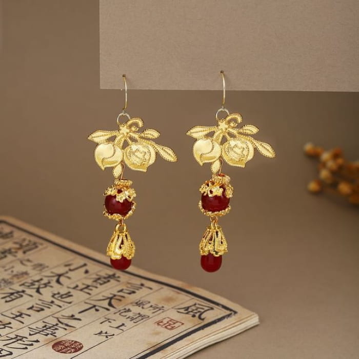 Alloy Chandelier Earring - E6416 - 1 Pair - Gold & Red