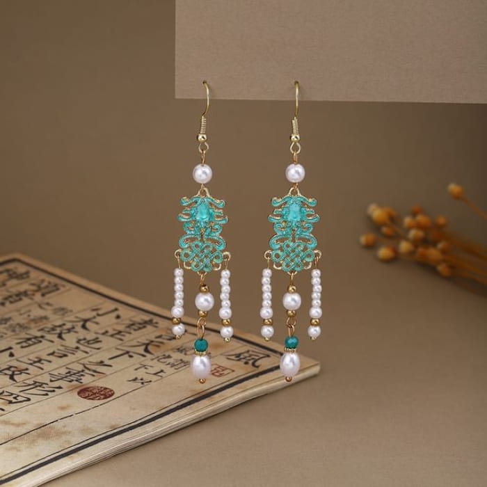 Alloy Chandelier Earring - E6422 - 1 Pair - Gold & Aqua